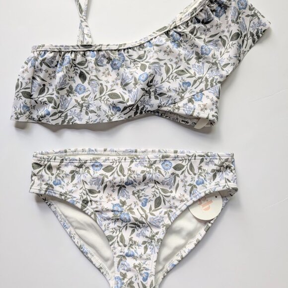 GB Girls 2Pc Blue Floral Print Bikini Swimsuit Size:12 One Shoulder NWT - Picture 1 of 11